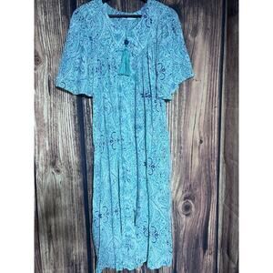 Go Softly Patio Dress Sz M Crinkle Rayon Zip Teal Tile Short Sleeve Tassle
